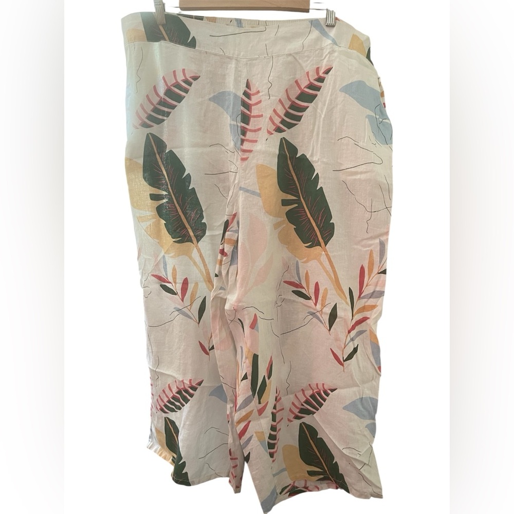 CYNTHIA ROWLEY Women Plus100% Linen Lightweight Leaf Print Pull On Pants 3X NWOT